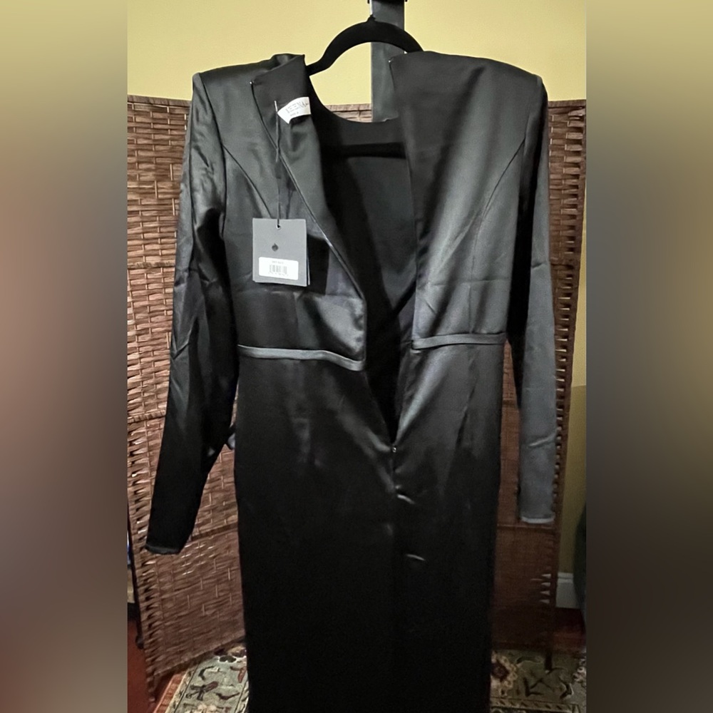 New MAC DUGGAL Black Long Sleeve Satin Structured Bow Draped Column Gown Size 6 - Picture 5 of 11